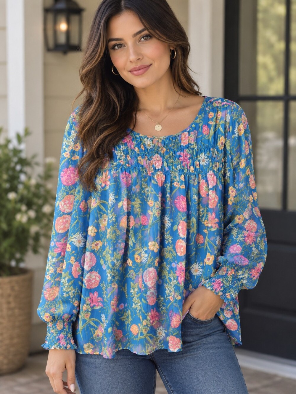 Terra & Sky Women’s Plus Size Smocked Chiffon Top Size 1X